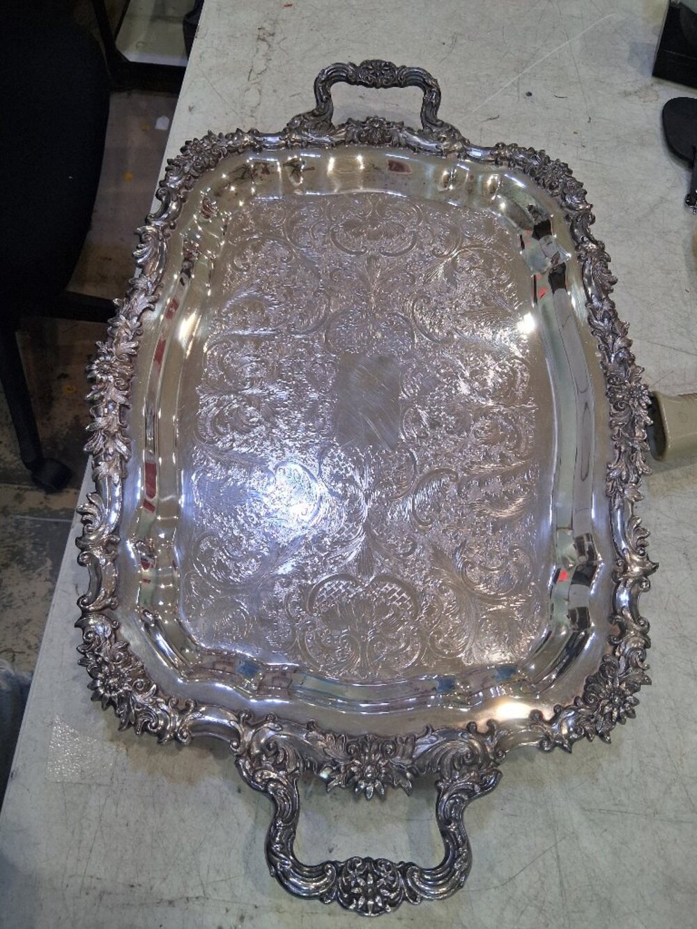 F. B. Rogers Silver Plated Serving Tray Handles & Footed 24" by 17" No. 6 40
